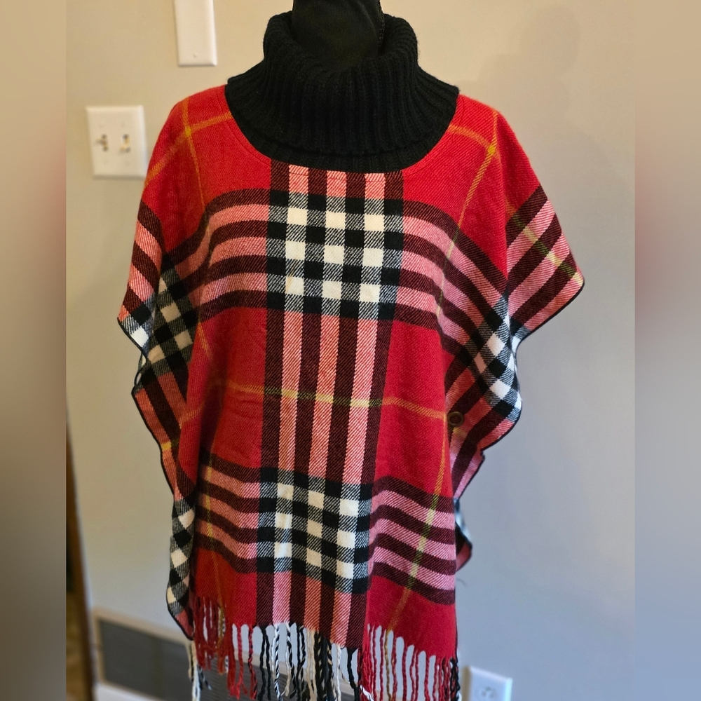 Multiples Red Plaid Poncho with Black Turtleneck